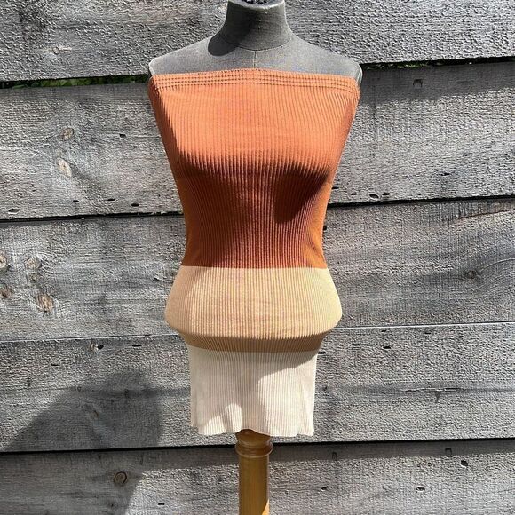 Women's Brown, Cream, & White Stretch Color Block Knit Strapless Top - Picture 1 of 7